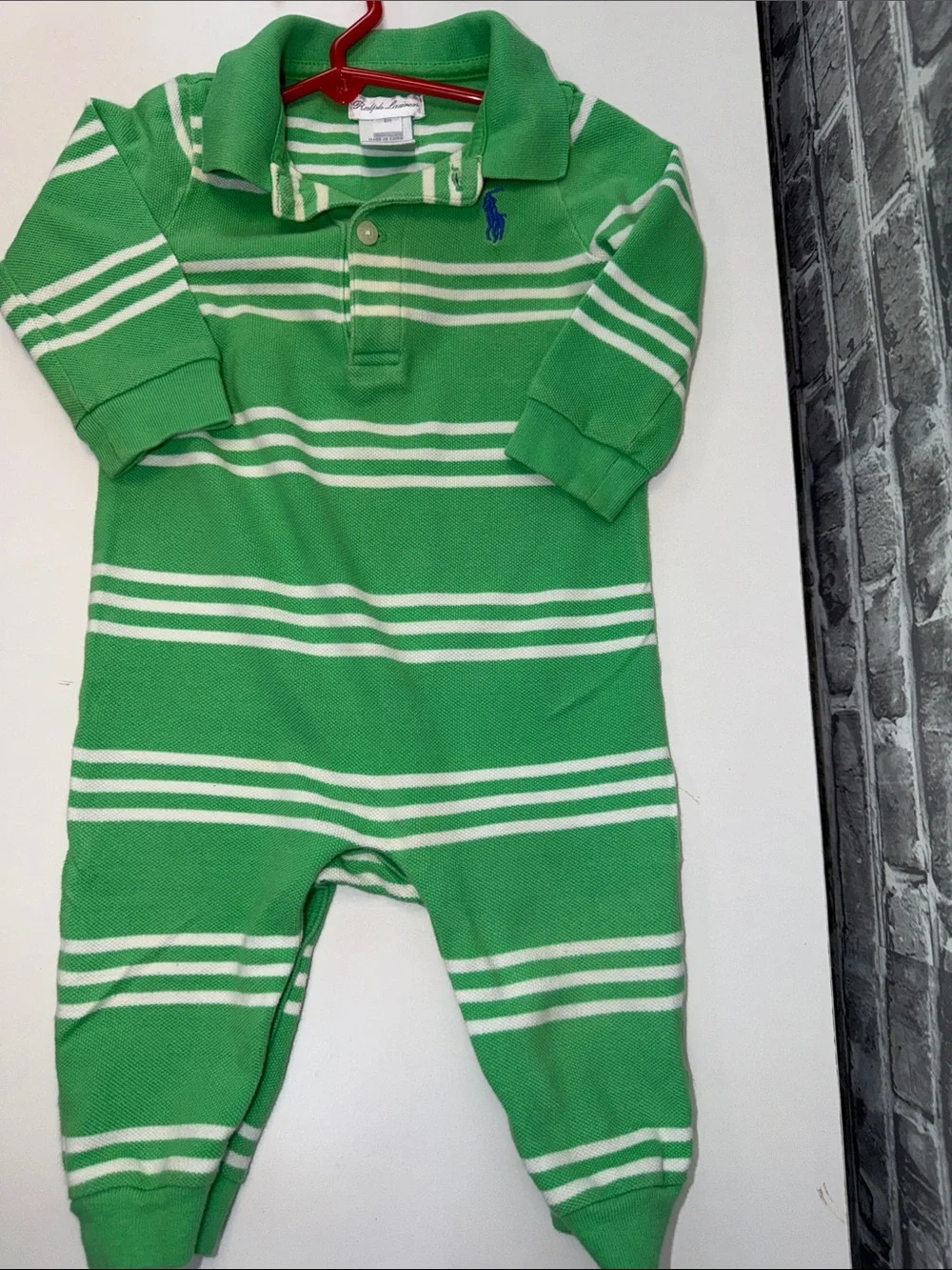 Ralph Lauren Green and White Striped Polo One-Piece romper